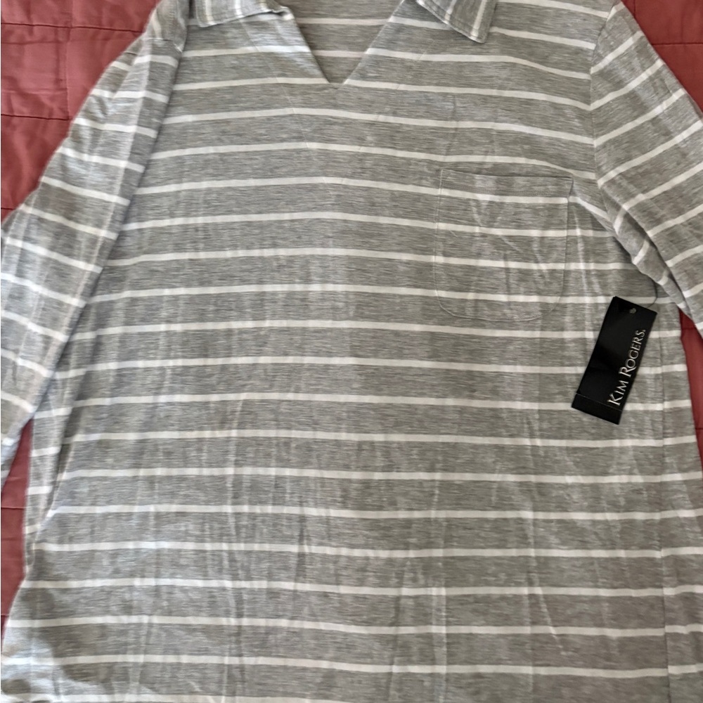 Kim Rogers Gray & White Striped Long Sleeve Polo